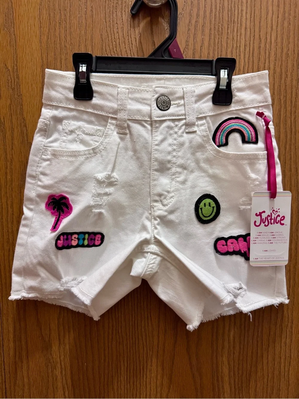 Justice Girls White Denim Shorts with Colorful Patch Accents